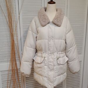 University Club Women's Cream Puffer Jacket with Plush Collar